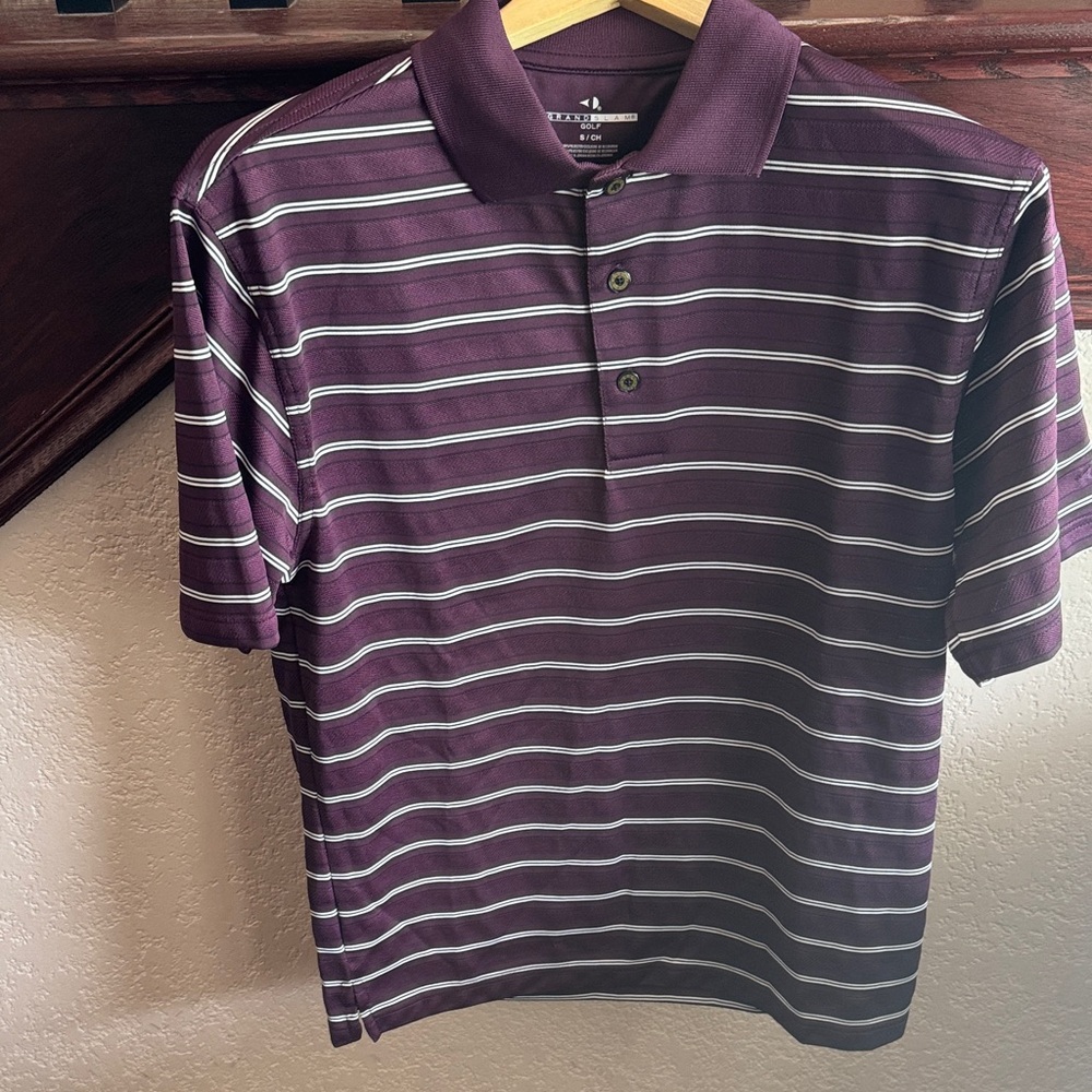 Grand Slam Mens Size Small Golf Polo in Purple White Stripes Short Sleeve Shirts